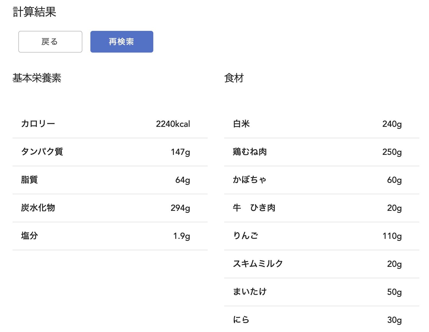 1日分の食材ジェネレータ